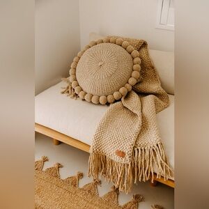 2 Classic Round Woven Jute Bohemian Neutral Cream Accent Pillow w/ Pom Pom Edge